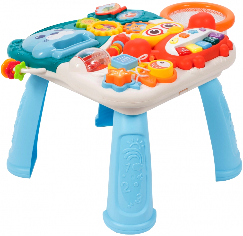 Chodzik Pchacz Stolik Edukacyjny Panel Koszyk 5W1 - Niebieski