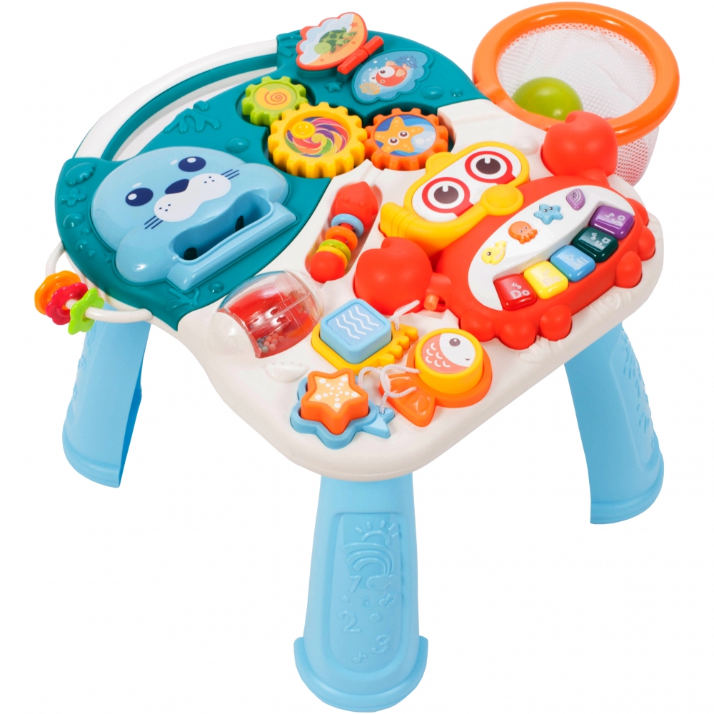 Chodzik Pchacz Stolik Edukacyjny Panel Koszyk 5W1 - Niebieski