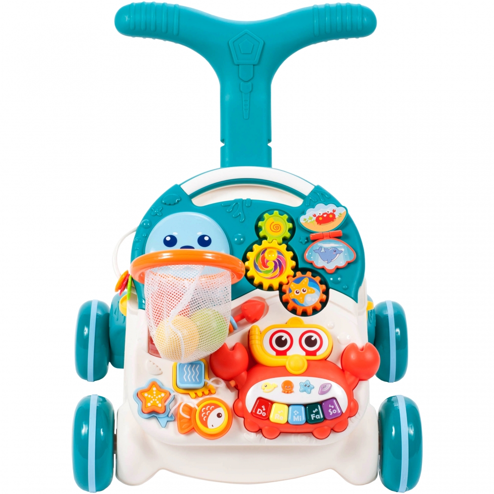 Chodzik Pchacz Stolik Edukacyjny Panel Koszyk 5W1 - Niebieski