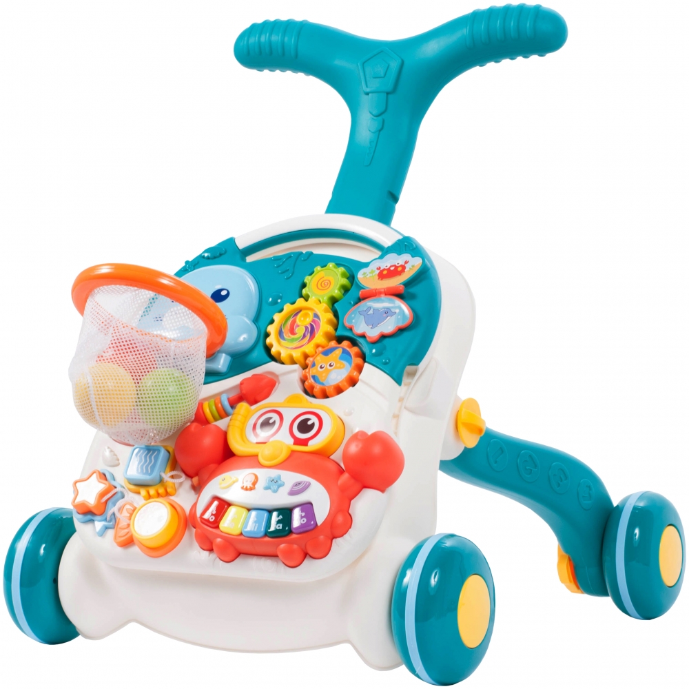 Chodzik Pchacz Stolik Edukacyjny Panel Koszyk 5W1 - Niebieski