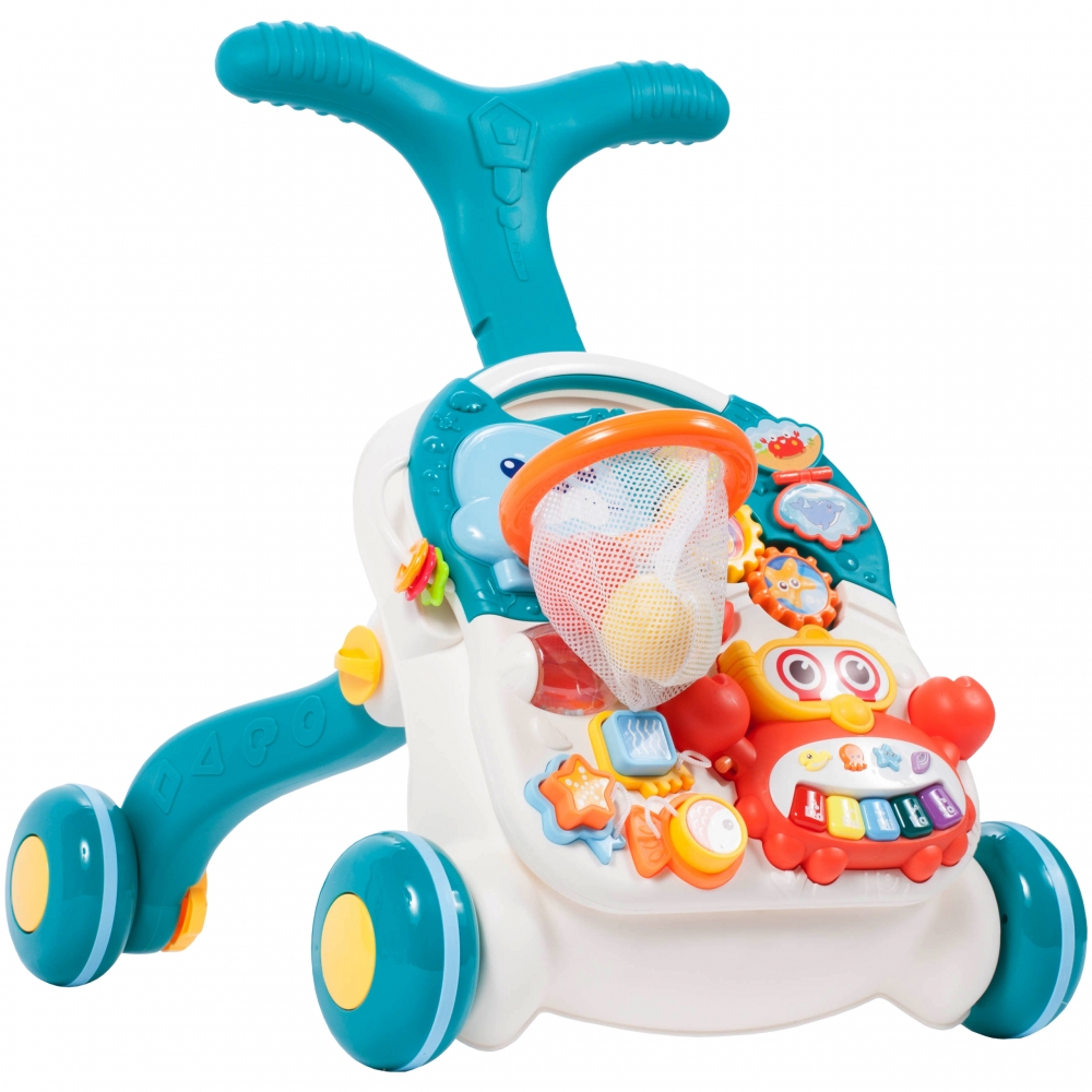 Chodzik Pchacz Stolik Edukacyjny Panel Koszyk 5W1 - Niebieski