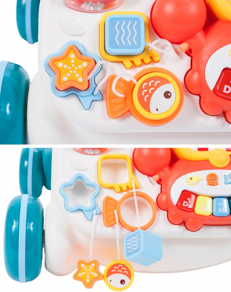 Chodzik Pchacz Stolik Edukacyjny Panel Koszyk 5W1 - Niebieski