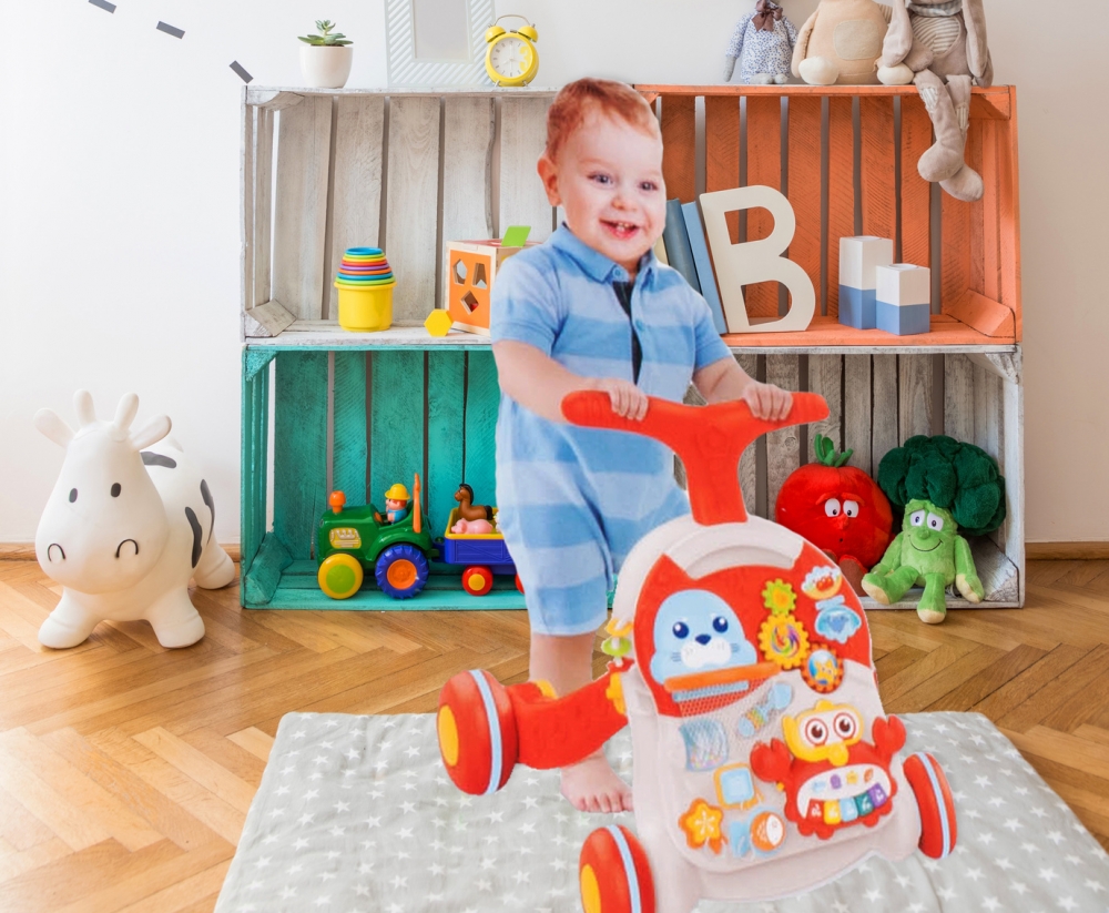 Chodzik Pchacz Stolik Edukacyjny Panel Koszyk 5W1 - Czerwony