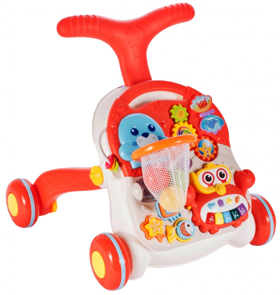 Chodzik Pchacz Stolik Edukacyjny Panel Koszyk 5W1 - Czerwony