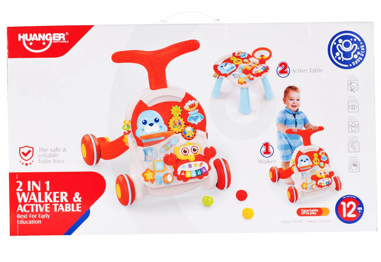 Chodzik Pchacz Stolik Edukacyjny Panel Koszyk 5W1 - Czerwony