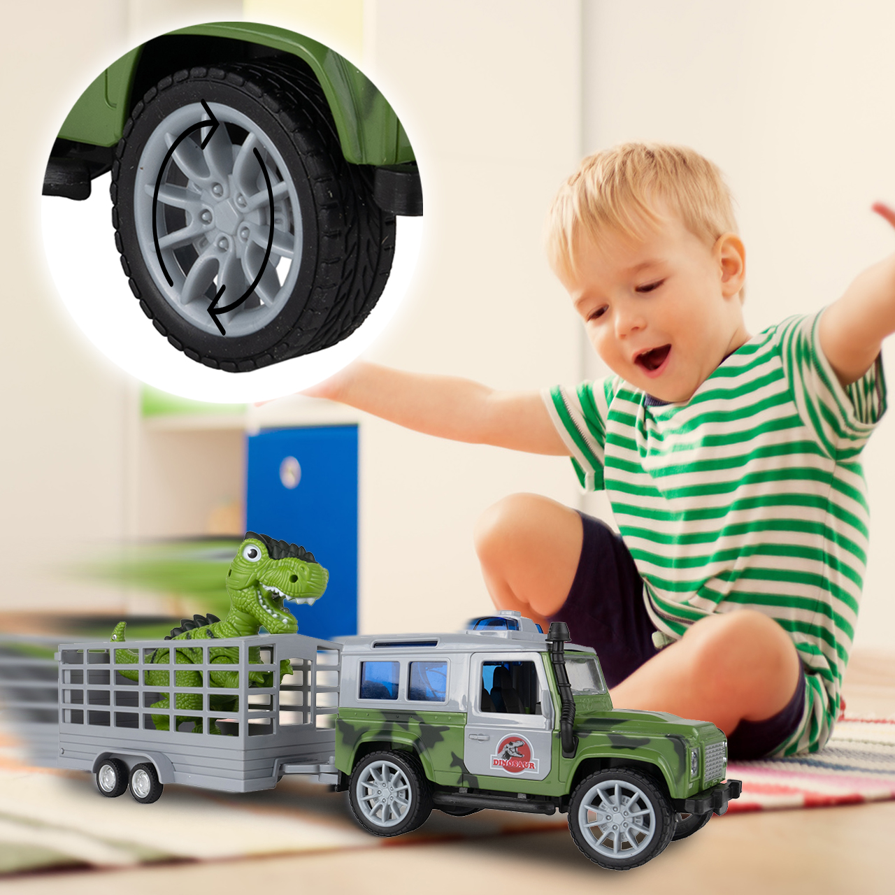 Auto z Napędem JEEP z Przyczepką i Dinozaurem