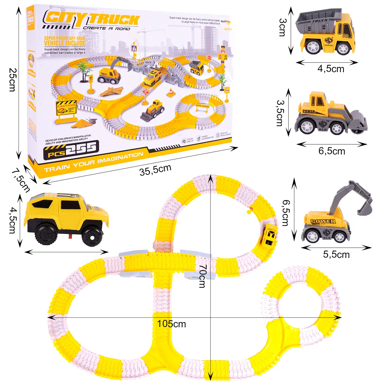 Kolejka Tor Samochodowy Auta Budowlane 255 elementów