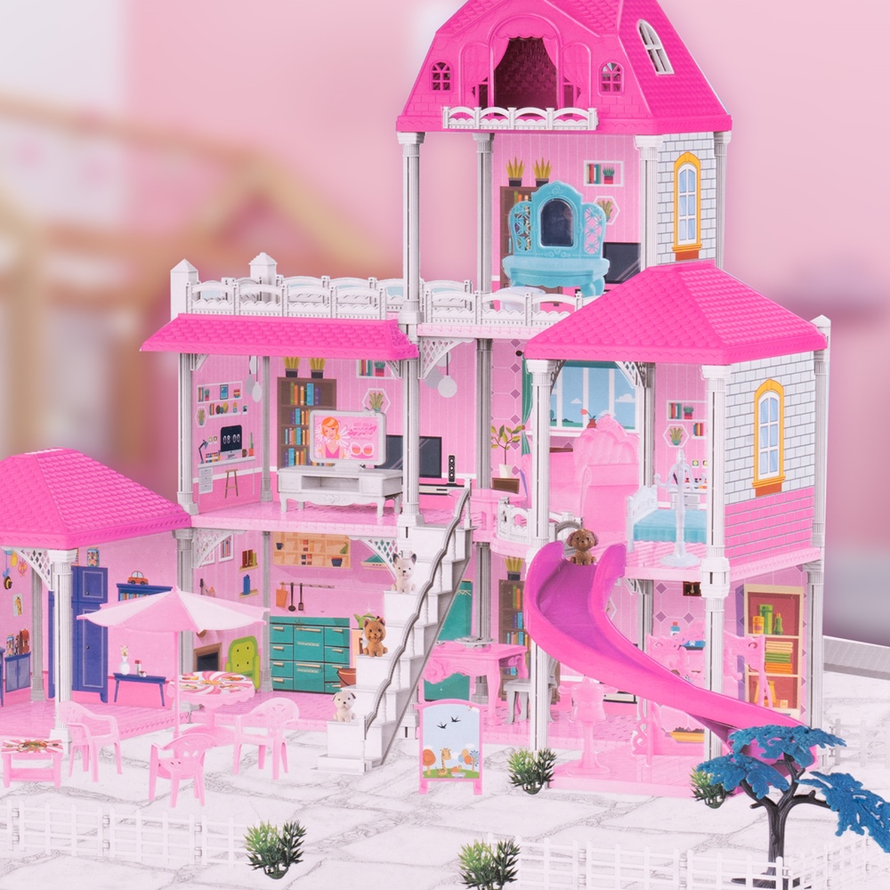 Duży Domek Dla Lalek Villa Rozkładany z Mebelkami, Laleczkami i Pieskami XXL