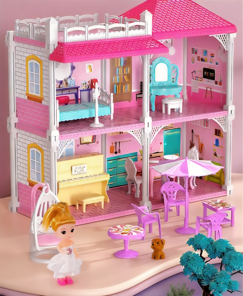 Duży Domek Dla Lalek Villa Rozkładany z Mebelkami, Laleczkami i Pieskami XXL