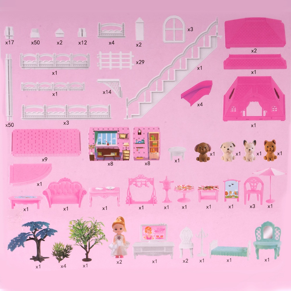 Duży Domek Dla Lalek Villa Rozkładany z Mebelkami, Laleczkami i Pieskami XXL