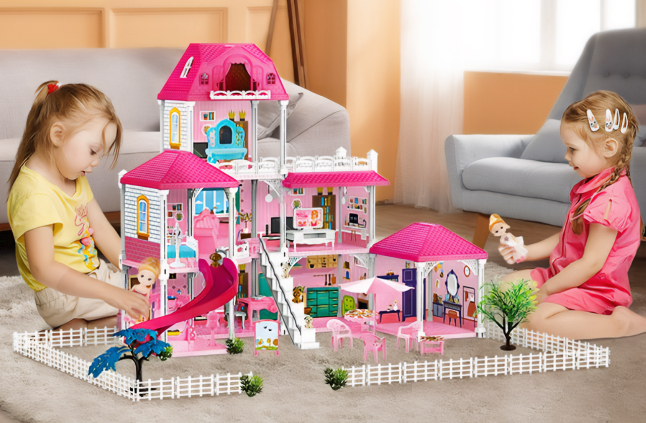 Duży Domek Dla Lalek Villa Rozkładany z Mebelkami, Laleczkami i Pieskami XXL