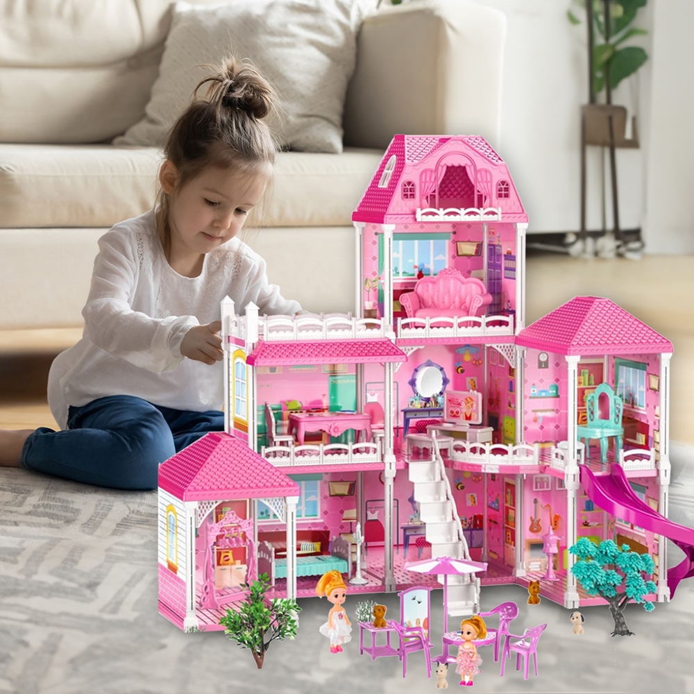 Duży Domek Dla Lalek Villa Rozkładany z Mebelkami, Laleczkami i Pieskami XXL