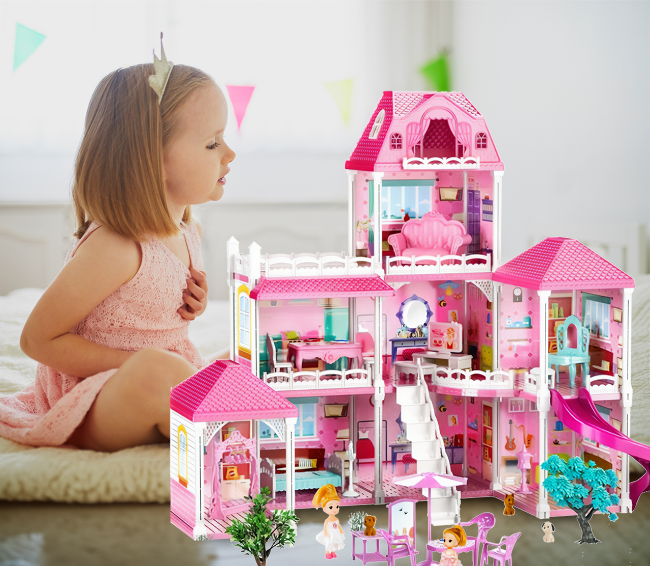 Duży Domek Dla Lalek Villa Rozkładany z Mebelkami, Laleczkami i Pieskami XXL