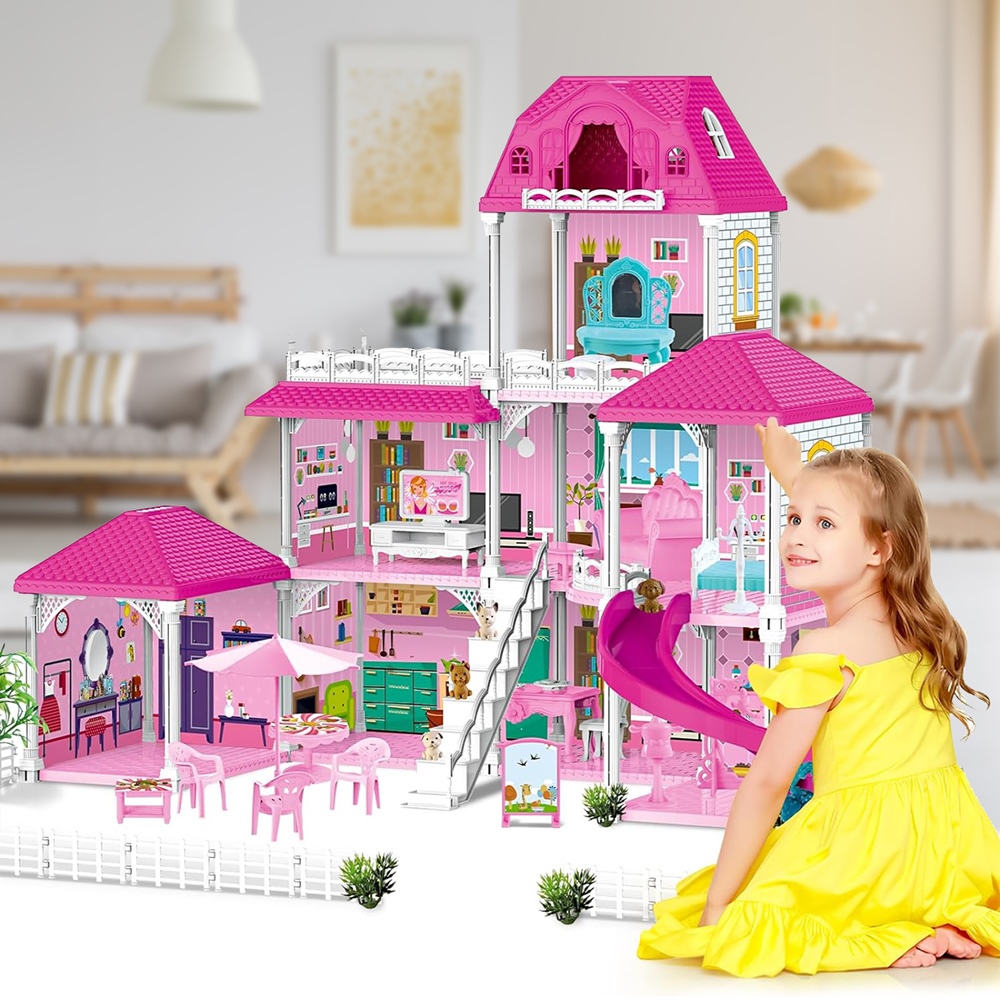 Duży Domek Dla Lalek Villa Rozkładany z Mebelkami, Laleczkami i Pieskami XXL