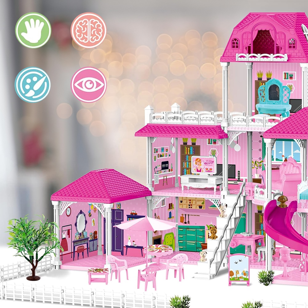 Duży Domek Dla Lalek Villa Rozkładany z Mebelkami, Laleczkami i Pieskami XXL