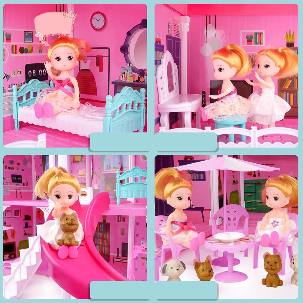 Duży Domek Dla Lalek Villa Rozkładany z Mebelkami, Laleczkami i Pieskami XXL