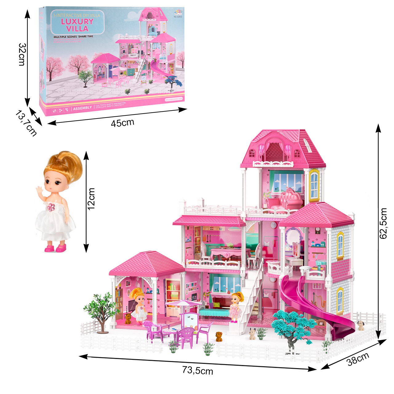 Duży Domek Dla Lalek Villa Rozkładany z Mebelkami, Laleczkami i Pieskami XXL
