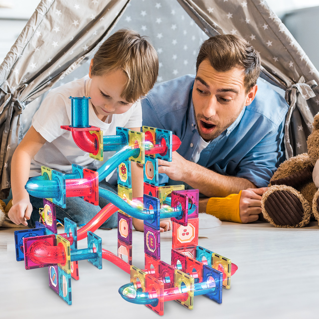 Klocki Magnetyczne 3D Świecące Konstrukcyjne Edukacyjne 125 elementów