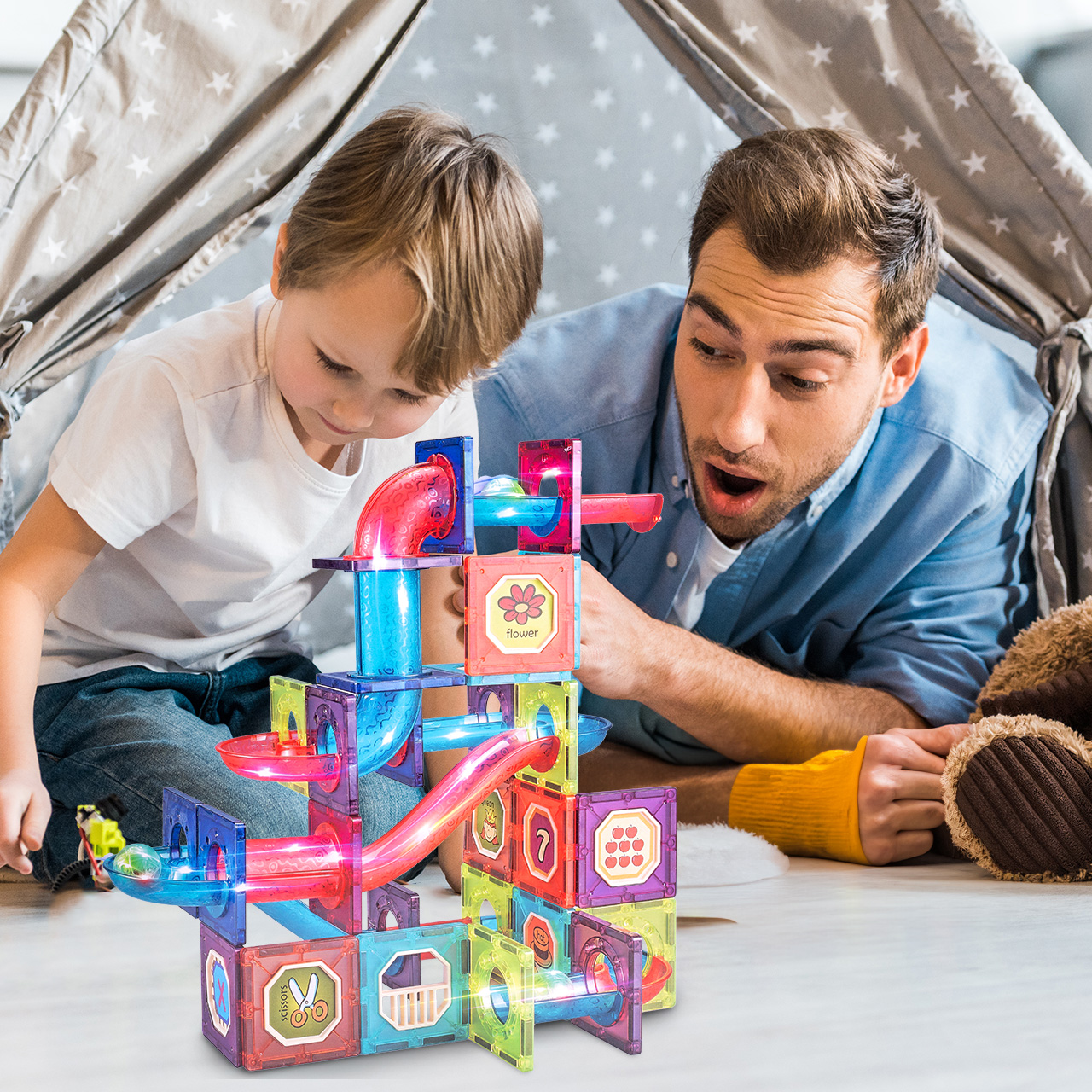 Klocki Magnetyczne 3D Świecące Konstrukcyjne Edukacyjne 83 elementy