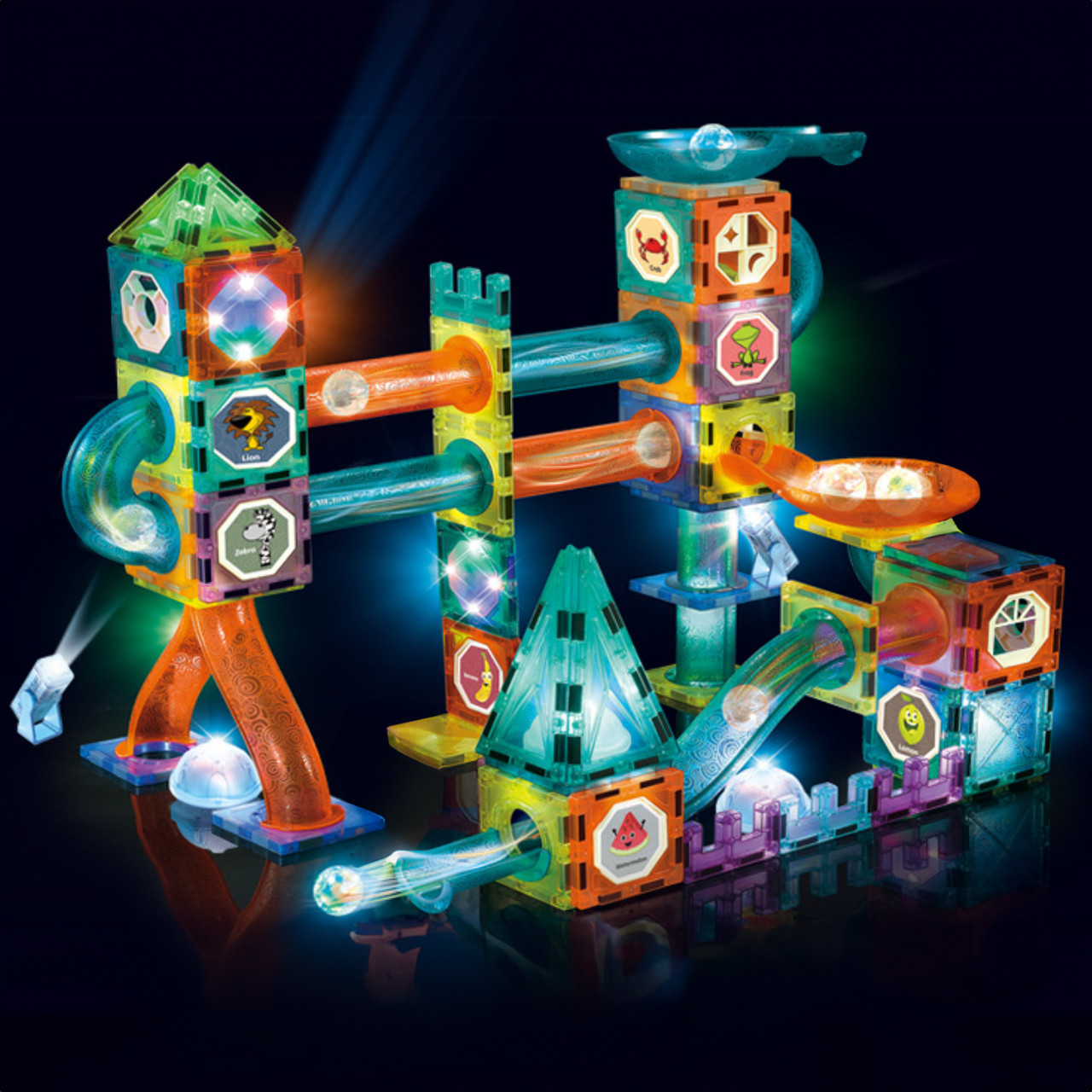 Klocki Magnetyczne Konstrukcyjne Świecące 3D Tor Kulkowy 110 elementów