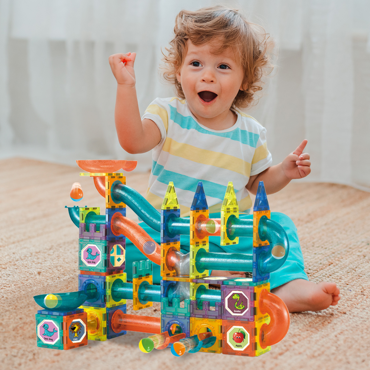 Klocki Magnetyczne Konstrukcyjne Świecące 3D Tor Kulkowy 110 elementów