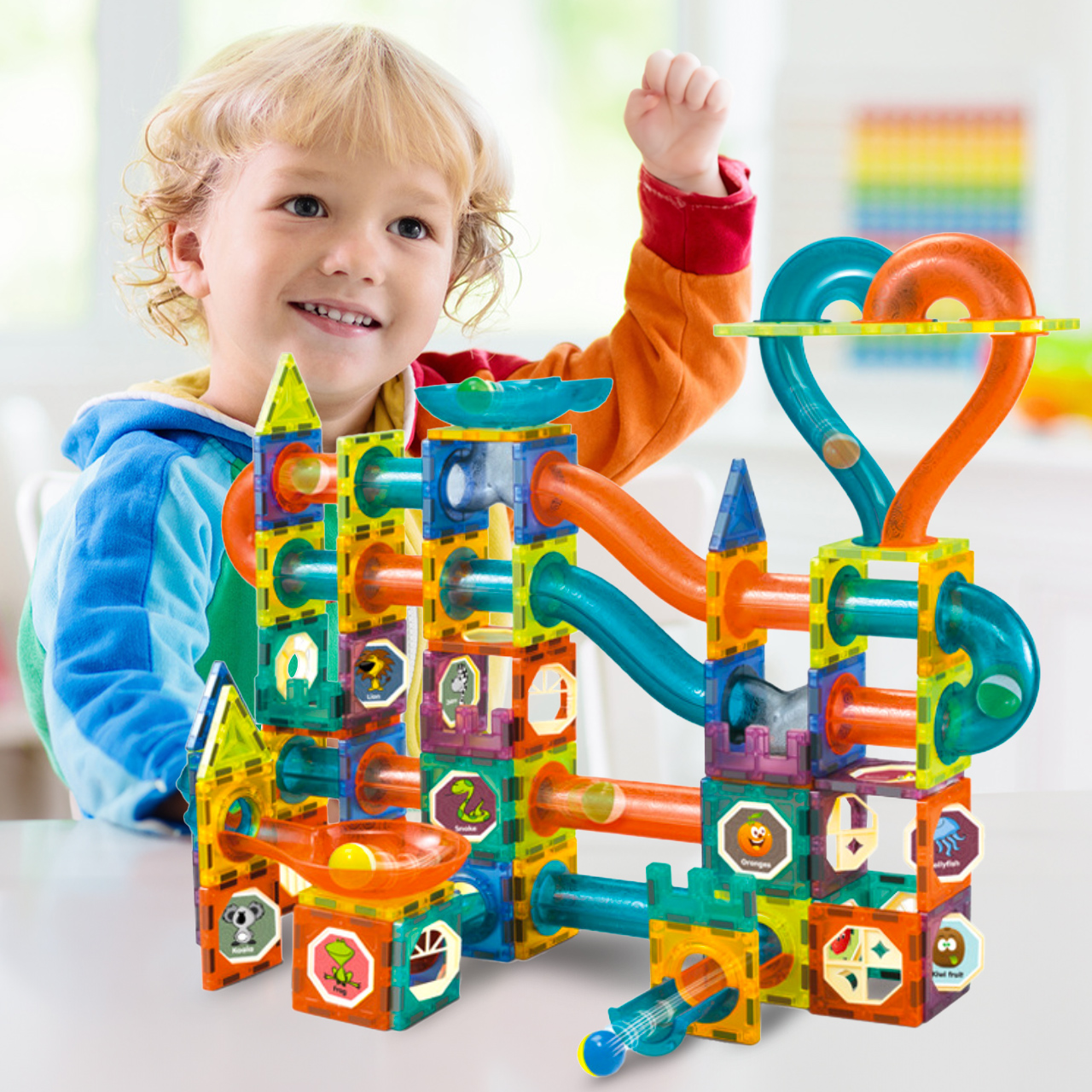 Klocki Magnetyczne Konstrukcyjne Świecące 3D Tor Kulkowy 110 elementów