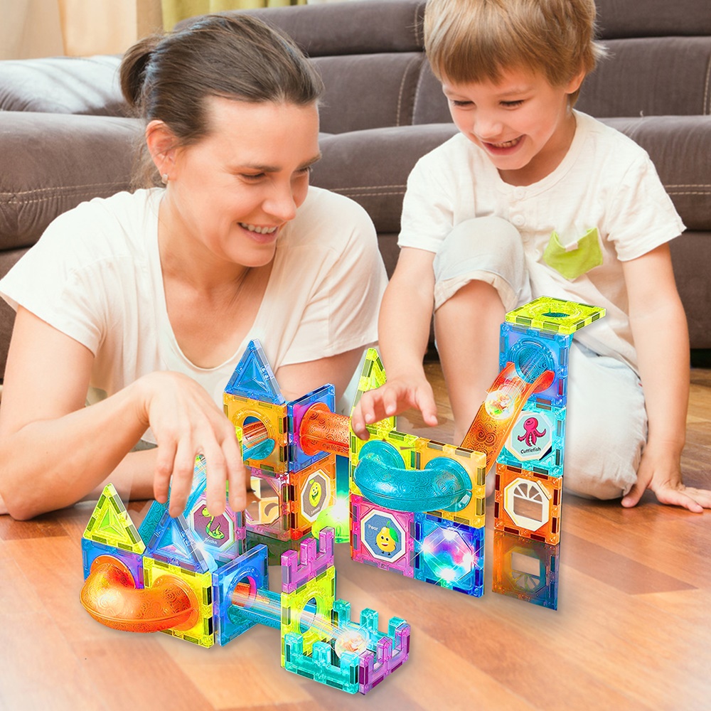 Klocki Magnetyczne Konstrukcyjne Świecące 3D Tor Kulkowy 110 elementów
