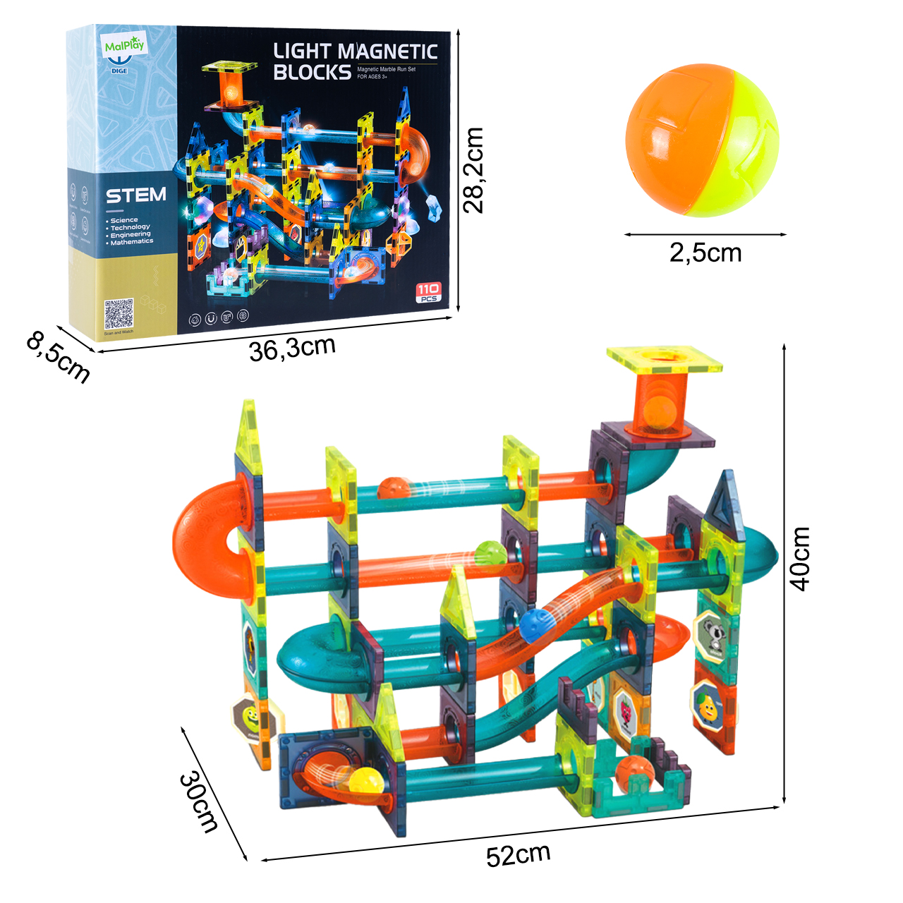 Klocki Magnetyczne Konstrukcyjne Świecące 3D Tor Kulkowy 110 elementów